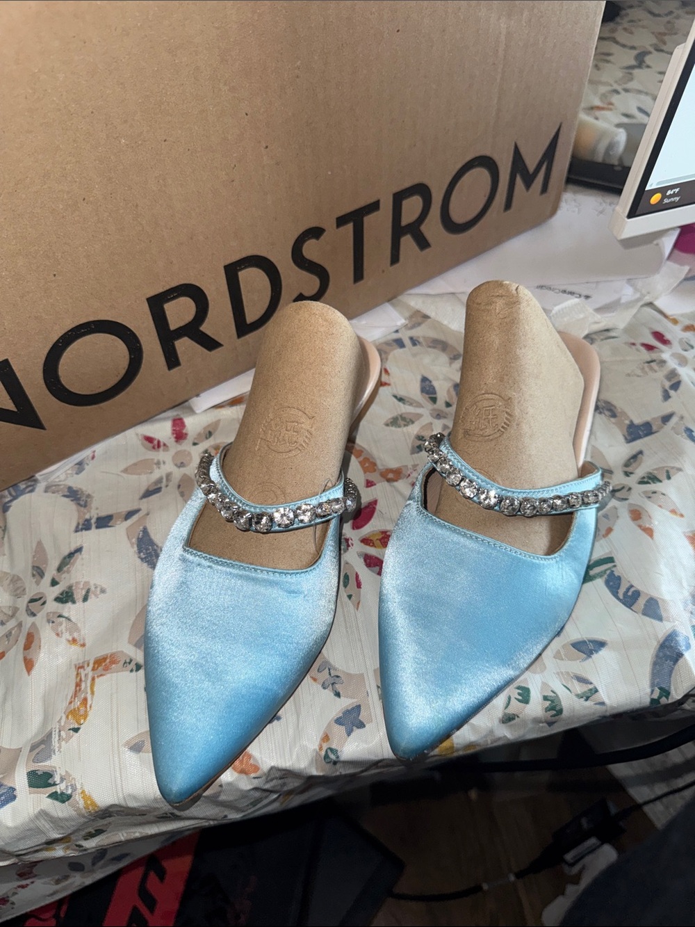 Beautisoles Crystal Trim Light Blue Satin Pointed Toe Mules Made in Italy